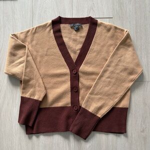 French Connection Tan and Brown V-Neck Button Cardigan